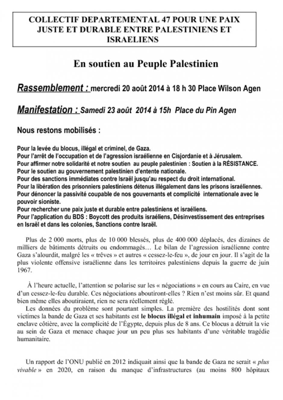 Manifestation pour la Palestine le samedi 23 aout 2014 à 15h à Agen ( Place Wilson )